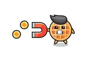 the character of circle waffle hold a magnet to catch the gold coins vector