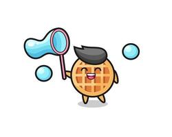 happy circle waffle cartoon playing soap bubble vector