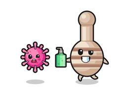 honey dipper character chasing evil virus with hand sanitizer vector