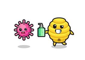 bee hive character chasing evil virus with hand sanitizer vector