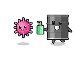 oil drum character chasing evil virus with hand sanitizer vector