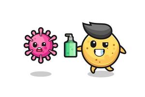 illuspotato chip character chasing evil virus with hand sanitizer vector