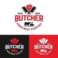 Cuchillo de carne con carne y vaca, cerdo, pollo, plantilla de diseño de logotipo vintage vector