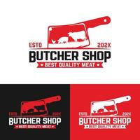 Meat Knife with Cow Pork Chicken Vintage Logo Design Template