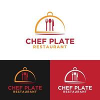 Plato de chef con cuchara tenedor cuchillo plantilla de diseño de logotipo vector