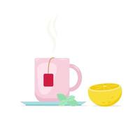 A mug of hot tea and half a lemon. Vector illustration in flat style
