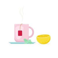 A mug of hot tea and half a lemon. Vector illustration in flat style