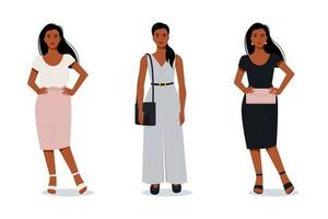 Stylish modern afro woman in flat style. Vector female characters in different clothes. Evening outfit. Office suit.