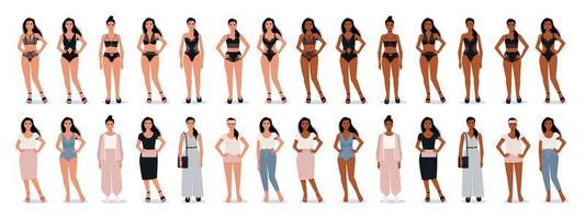 Large collection of women in clothes and underwear. Different skin colors. Fashionable modern girl. Vector flat style characters.