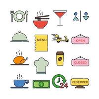 conjunto de iconos gráficos vectoriales de café y resto. iconos en estilo de línea plana. vector