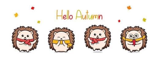 Hello autumn banner with cute hedgehog cartoon icon illustration vector