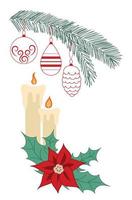 Christmas and New Year elements for the holiday card. Branch with Christmas tree decorations, candles and poinsettia vector