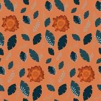 Brown pattern with blue leaves and orange flower vector