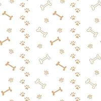 pattern with bone silhouettes and paw prints in doodle style and one line with colored beige spots. vector