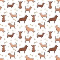 pattern with dog silhouettes, bones and paw prints in doodle style and one line with colored brown and beige spots. vector