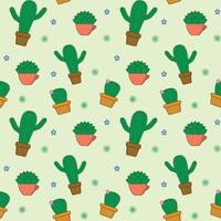 Pattern with a light background, green different cacti in brown, yellow, pink pots, spirals and flowers vector