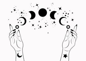 Fases de la luna mística y manos de mujer, símbolo de la diosa wicca pagana de la triple luna, espacio mágico esotérico de la alquimia, rueda sagrada del año, vector aislado sobre fondo blanco