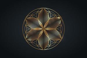 flor de la vida, mandala espiritual dorado, geometría sagrada. símbolo dorado brillante de armonía y equilibrio. talismán místico, vector redondo de lujo aislado sobre fondo negro