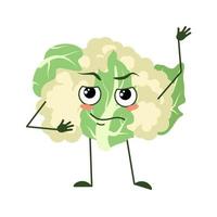 Cute cauliflower character with emotions, face, arms and legs. The funny or proud, domineering hero, vegetable cabbage with eyes vector