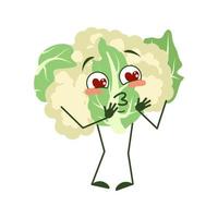 Cute cauliflower character falls in love with eyes hearts, kiss face, arms and legs. The funny or smile emotions of vegetable cabbage vector