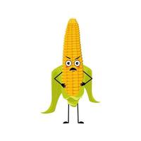 Cute corn cob character with angry emotions, grumpy face, furious eyes, arms and legs. Funny yellow vegetable vector