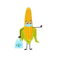 Cute corn cob character with sad emotions, face and mask keep distance, hands with shopping bag and stop gesture. Funny yellow vegetable vector