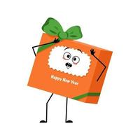 Cute character gift box for new year with bow and with emotions in a panic grabs his head, surprised face, shocked eyes, arms and legs. Festive packaging for Christmas with scared expression vector