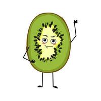 Cute kiwi character with emotions, face, arms and legs. The funny or proud, domineering hero, sweet exotic tropical fruit with eyes vector