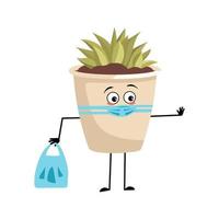 Cute character indoor plant in a pot with sad emotions, face and mask keep distance, hands with shopping bag and stop gesture. Planter with succulent for interior decoration vector