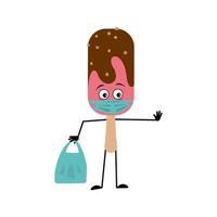 Cute ice cream character with emotions, popsicle face in a mask keep at a distance, hands with a shopping bag and a stop gesture. Sad sweet cold hero food. Summer dessert with eyes vector