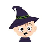 Avatar of a child with emotions panic, surprised face, shocked eyes in a pointed witch hat with bats. The head of a toddler. Halloween party decoration vector