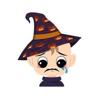 Avatar of child with big eyes and depressive emotion, crying, tears face in a pointed witch hat with pumpkin. The head of a toddler with sad face. Halloween party decoration vector