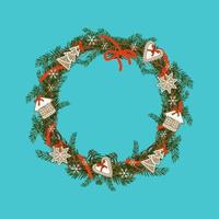 Corona de Navidad redonda de ramas de abeto con pan de jengibre y copo de nieve. decoración festiva para año nuevo y vacaciones de invierno. vector