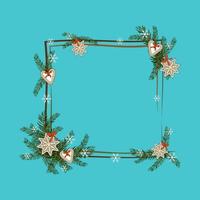 Square Christmas frame from fir branches with gingerbread, star and snowflake. Festive decoration for New year and winter holidays vector