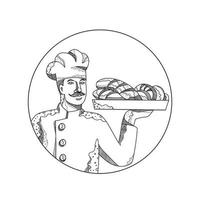 Baker holding bread plate doodle art isolated black and white vector