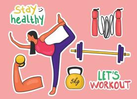 Colorful Hand drawn workout stickers collection vector