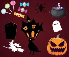 Abstract Halloween Background Vector Pumpkin Objects Candy Ghost with Spider castle and Tomb