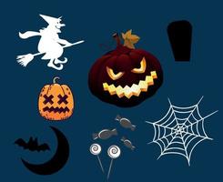 objetos diseño halloween día 31 de octubre tumba de araña evento oscuro ilustración calabaza vector