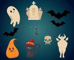 abstracto 31 de octubre halloween vacaciones diseño objetos murciélago fantasma y tumba calabaza naranja espeluznante oscuridad vector