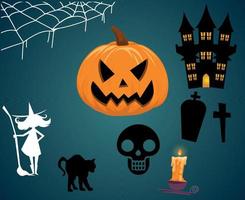 Abstract Happy Halloween 31 October Objects Background with Pumpkin Orange Housse and Spider Tomb Vector