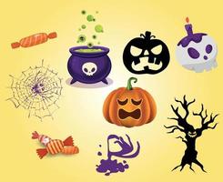 Abstract Happy Halloween 31 October Objects Background with Pumpkin Orange Candy Tree and Spider Vector