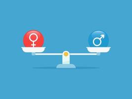 Gender equality concept with gender symbol balancing on scales vector