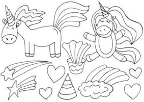 conjunto de elementos de diseño de unicornio en estilo de dibujo a mano. colección de hadas femeninas vector