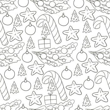 Pattern in hand draw style. Seamless vector pattern with stars, Christmas tree decorations. Can be used for fabric, packaging, wrapping and etc