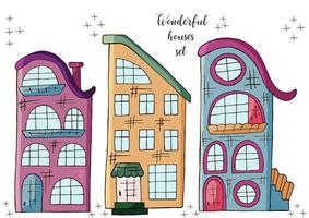 Set of illustrations of small houses in hand draw style. Collection of vector illustrations for your design. Lovely drawings