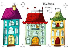 Set of illustrations of small houses in hand draw style. Collection of vector illustrations for your design. Lovely drawings