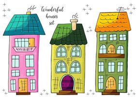 Set of illustrations of small houses in hand draw style. Collection of vector illustrations for your design. Lovely drawings