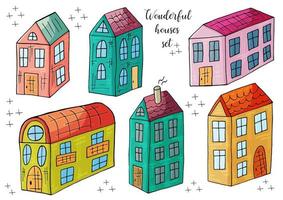 Set of illustrations of small houses in hand draw style. Collection of vector illustrations for your design. Lovely drawings