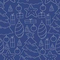 Pattern in hand draw style. Seamless vector pattern with stars, Christmas tree decorations. Can be used for fabric, packaging, wrapping and etc