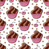 Vector illustration. Seamless pattern with sweet pastries. Cute muffins, cupcakes. Polka dot background. Texture for fabric